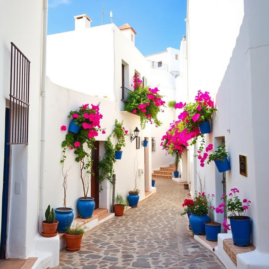 Frigiliana whitewashed street with blue pots and bougainvillea